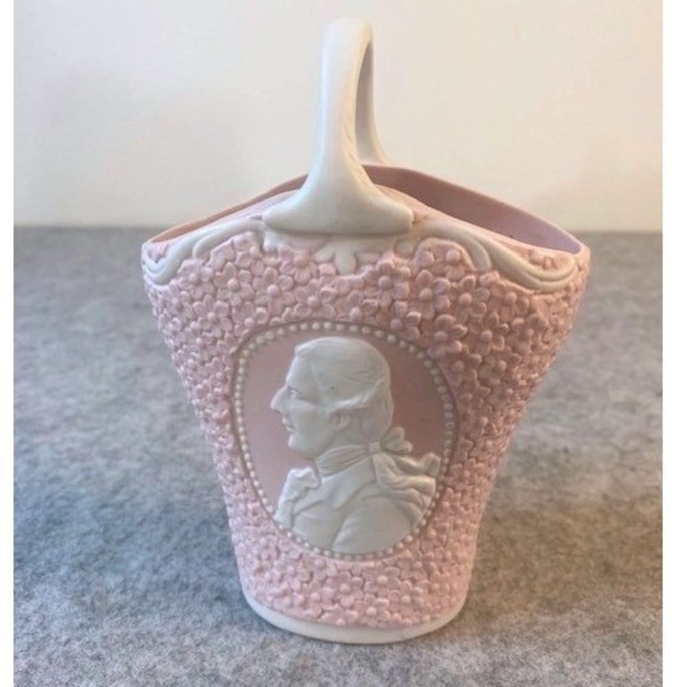 Ucagco Pink Jasperware Style Porcelain‎ Cameo Basket Vase ** VINTAGE 1950'S